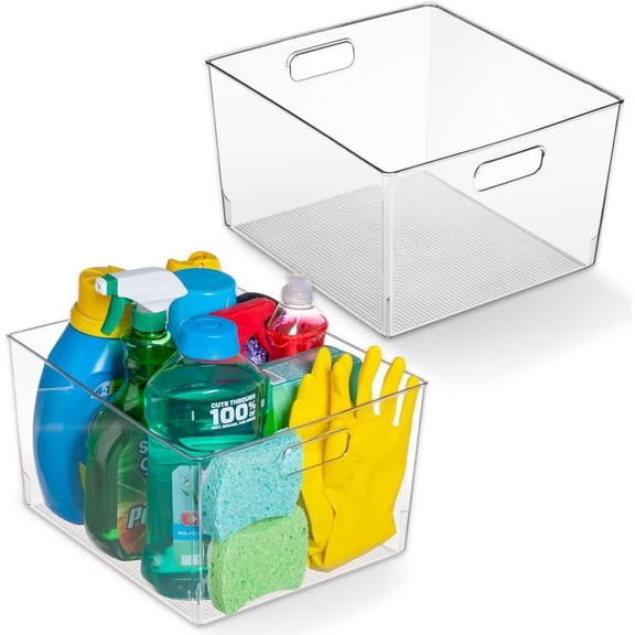 XL Clear Plastic Storage Bins 2 Pack, 12" x 11" x 7", Stackable with Handles