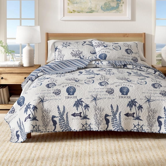 / XL Coastal Bedding Set, Summer Coastal Quilt with Sham, Beach 2- Reversible Season Bedspread Quilt Set. Lightweight Nautical Quilted Coverlet. Navy