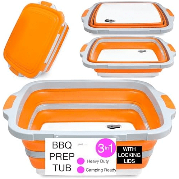 XL Collapsible BBQ Prep Tub with Lid - 3 in 1 Collapsible Tub & Portable Cutting Board Container for Marinating, Camping, Meat Storage - Space-Saving, Foldable Tray for Kitchen and Outdoor$$