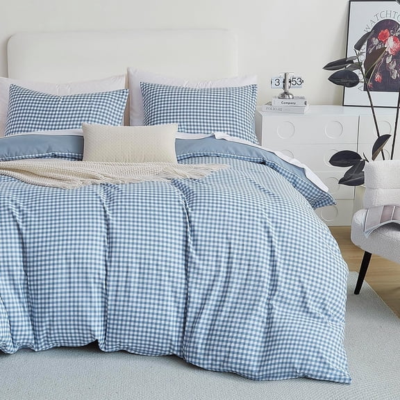 XL Comforter Set, Blue Gingham, Reversible, 3 count | Checkered Bedding Set, Lightweight & , Soft Microfiber, Includes 2 Pillowcases, Comfort
