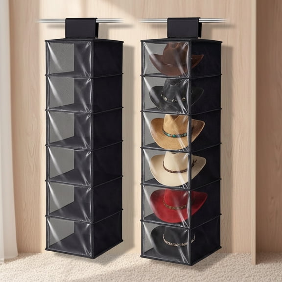XL Cowboy Hat Rack, 6 Shelf Hanging Hat Organizer for Wide Brim Caps, Dustproof Storage with Cover, Space Saving Closet Organizer for Cowboy Fedora Western Caps