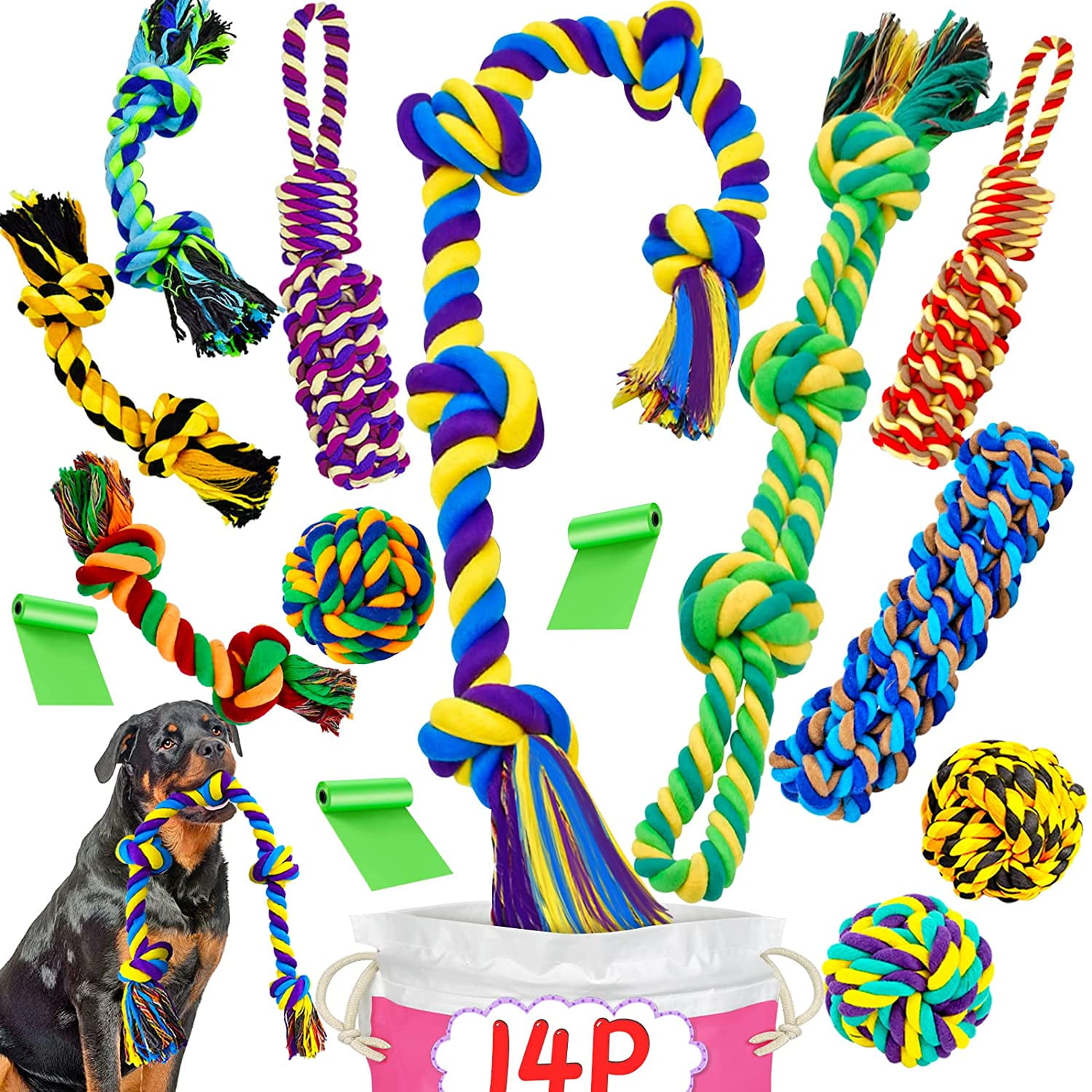 XL Dog Chew Toys for Aggressive Chewers Large Breed, 14 Pack Tough Indestructible Dog Toys for Aggressive Chewers, Durable Puppy Chew Toys for Teething, Heavy Duty Cotton Rope Toys