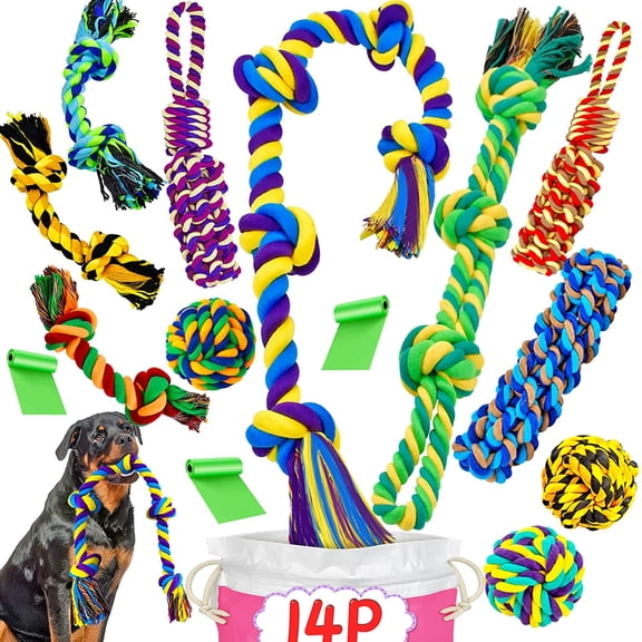 XL Dog Chew Toys for Aggressive Chewers Large Breed, 14 Pack Tough Indestructible Dog Toys for Aggressive Chewers, Durable Puppy Chew Toys for Teething, Heavy Duty Cotton Rope Toys
