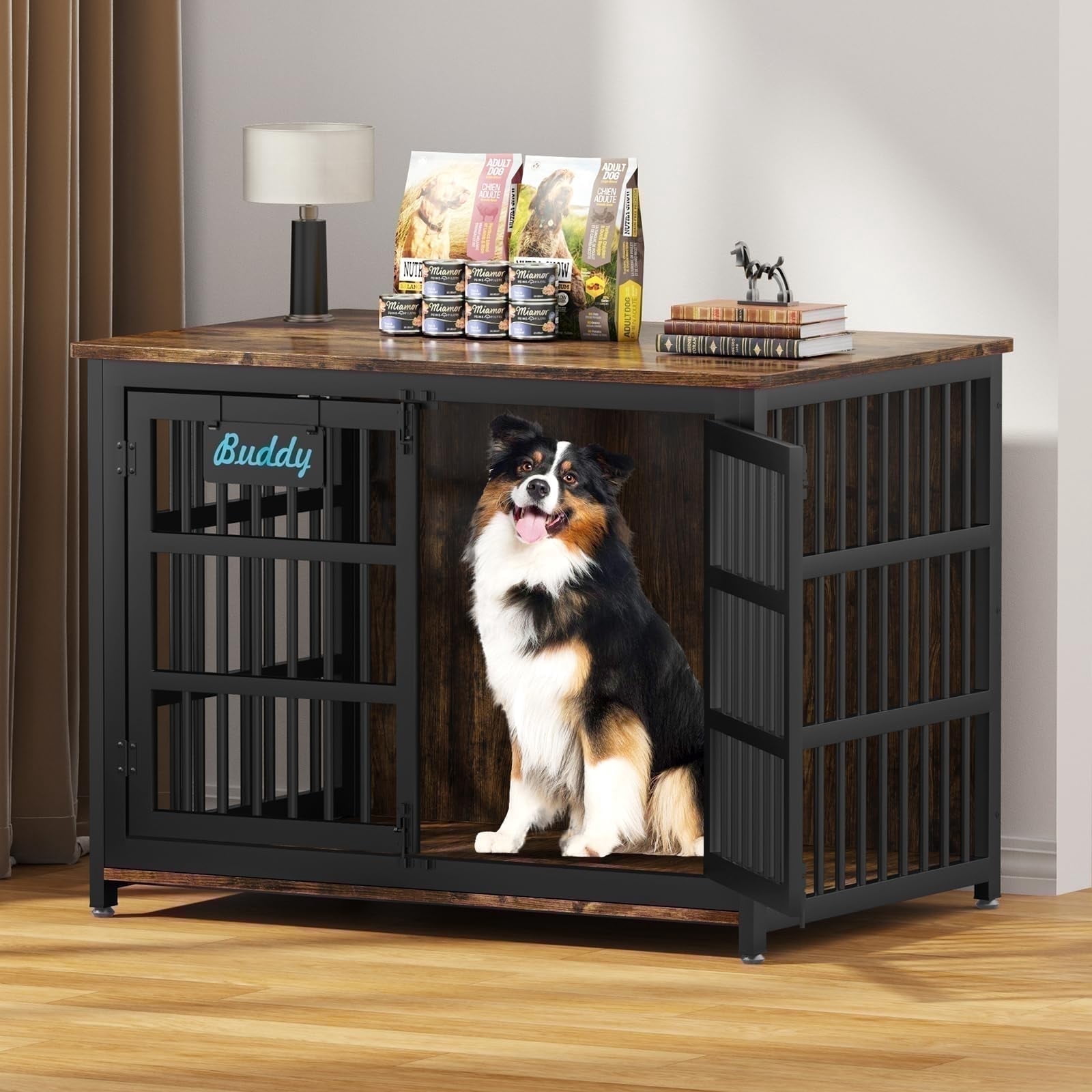 POAO 41"Heavy Duty Dog Crate Furniture with Name Tag,Chew Proof Prevent Escape for High Anxiety Dogs, Indoor Indestructible Dog Kennel ,Brown