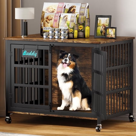 POAO 41"Heavy Duty Dog Crate Furniture with Name Tag,Chew Proof Prevent Escape for High Anxiety Dogs, Indoor Indestructible Dog Kennel ,Brown
