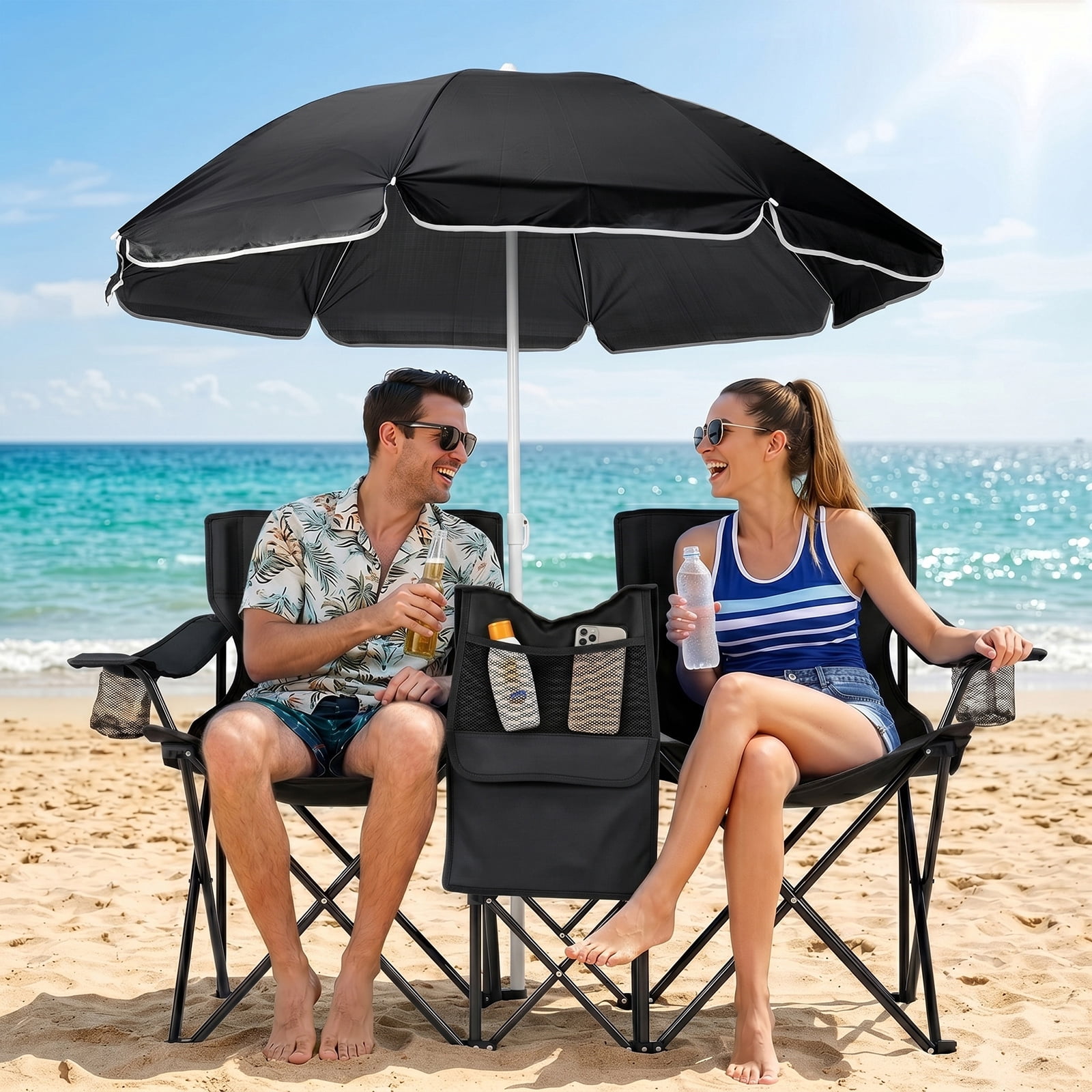 XL Double Folding Fishing Chair with Adjustable Umbrella,Iron Frame Chair with Insulated Cooler Bag, Cup Holder & Side Pocket, Portable 2-Person Outdoor Chair for Fishing Camping Beach