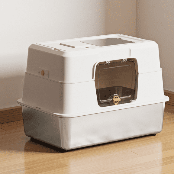 XL Enclosed Cat Litter Box with Stainless Steel Base, High-Sided Hooded Design, Transparent Entry Door, White, 19.7 x 13.8 x 13.8 in