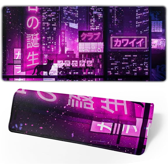XL Extended Large Gaming Mouse Pad 31.5x11.8 in Desk Mat Mouse Pads, Tokyo Street Pixel Art Desk Pad Laptop Mousepad PC Keyboard Waterproof Non-Slip Table Mat Purple Retro Japanese Desktop Mat