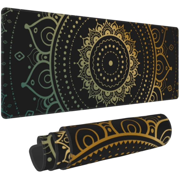 XL Extended Mouse Pad, Large Gaming Mousepad Design with Gold Mandala Flower, Big Long Mousepad Desk Mat for Laptop, Keyboard and Computer for Gifts Decor Men Home and Office, (Gold, 31.5*11.8 Inches)
