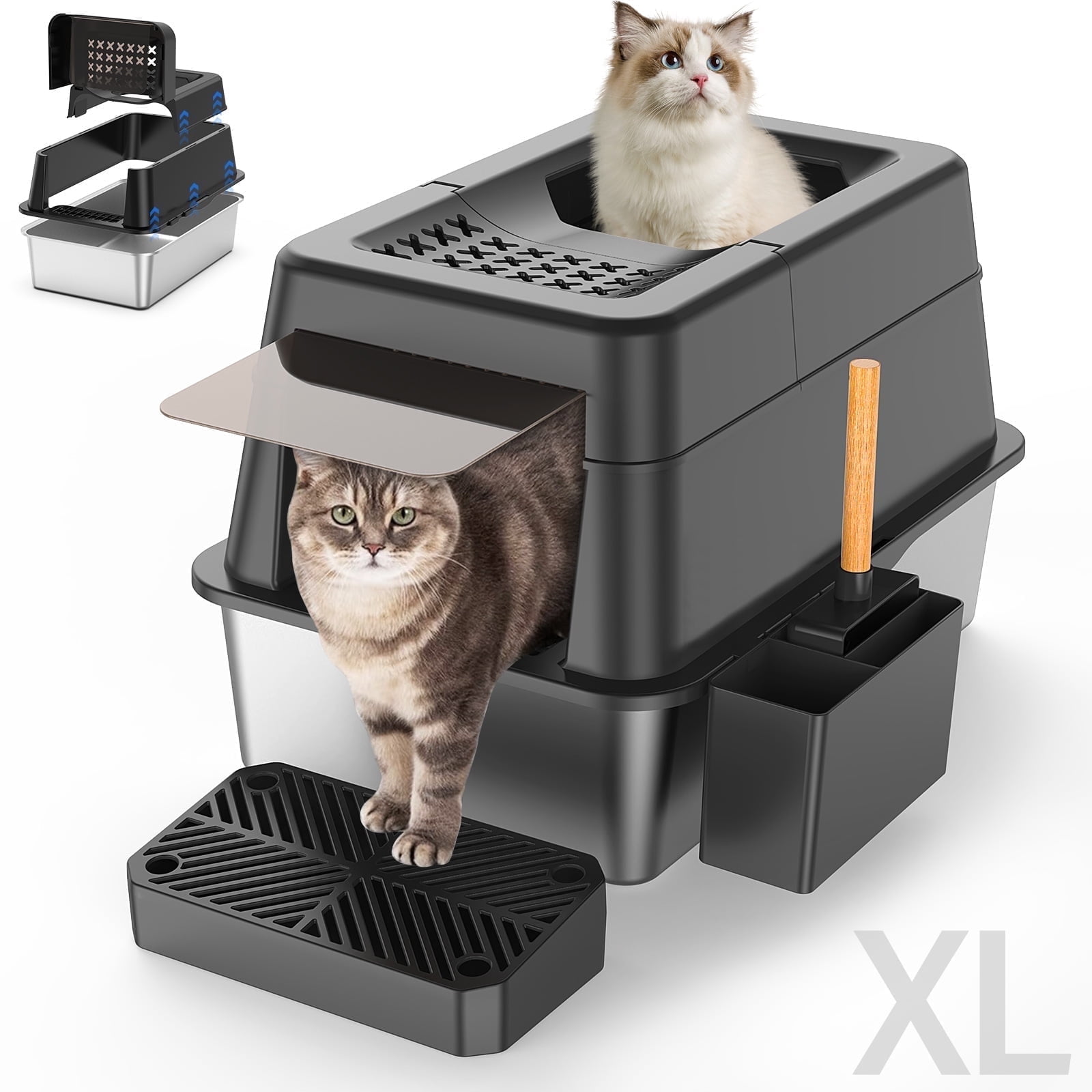 Aphyxen XL Enclosed Stainless Steel Cat Litter Box, 110° Flip Lid, Top Entry Metal High Sided with Pedal & Scoop, Anti-Leakage (Black)