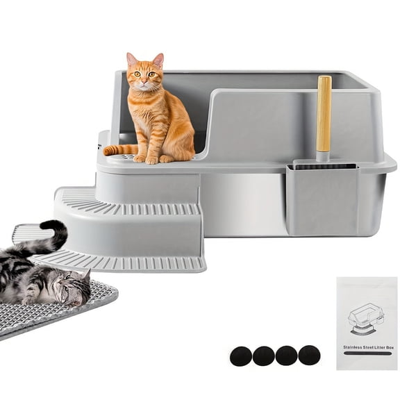 XL Extra Large Stainless Steel Cat Litter Box with Lid, Leak-Proof High-Sided Design for Big Cats, Includes Scoop, Non-Slip Mat & Ladder, Easy to Clean