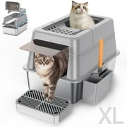 Aphyxen XL Stainless Steel High-Sided Cat Litter Box with Plastic Trays, Scoop, Storage Box, Filter Pedal, Gray