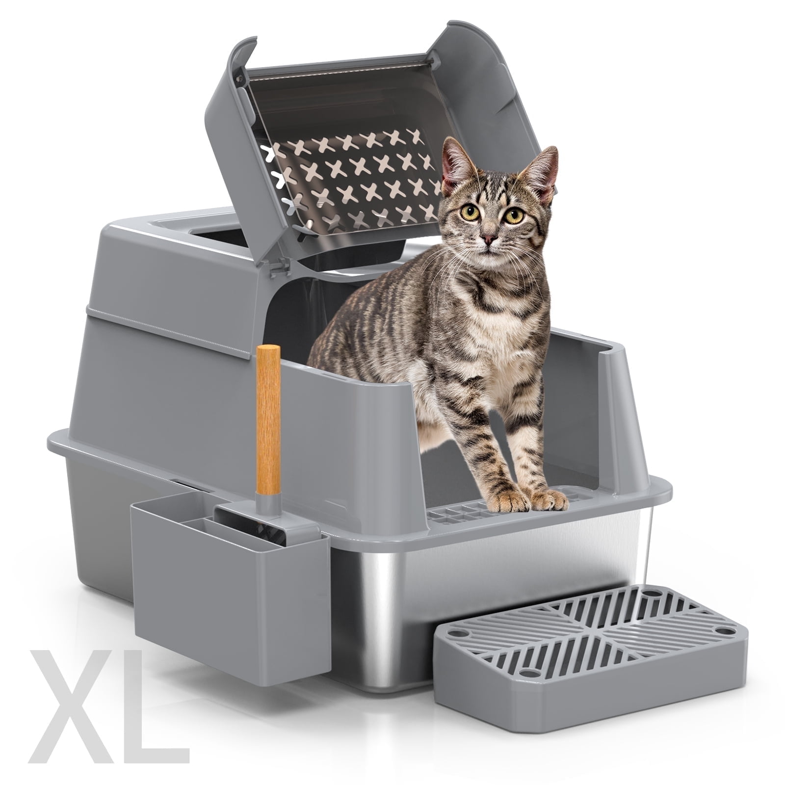 Aphyxen Stainless Steel Enclosed Cat Litter Box, Extra Large Top Entry with 110° Flip Cover & Pedal, Anti-Leakage, Grey