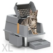 XL Stainless Steel Litter Box with Lid, High-Sided Cat Litter Box for Big Cats & Multiple Cats, Dual Entry, Pedal & Scoop, Non-Sticky, Gray