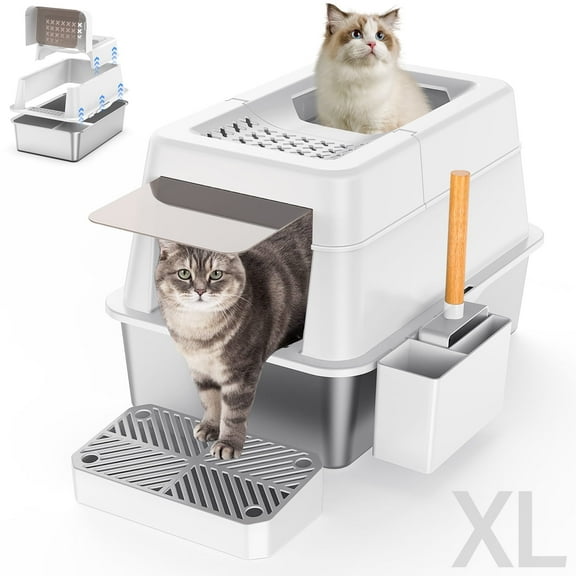 Aphyxen Stainless Steel Litter Box with Lid, XL Extra Large Enclosed Cat Litter Box for Big Cats 110° Flip Cover, Top Entry Metal High Sided Litter Box & Pedal & Scoop, Anti-Leakage (White)