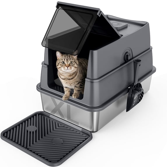 XL Extra Large Stainless Steel Litter Box with Lid, Metal Cat Litter Boxes for Big Cats Enclosed, Metal Litter Box with Litter Scoop Set, Non-Sticky, Anti-Urine Leakage, 24"*16"*18", Dark Gray