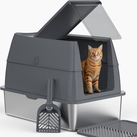 XL Extra Large Stainless Steel Litter Box with Lid, Metal Cat Litter Boxes for Big Cats Enclosed, Metal Litter Box with Litter Scoop Set, Non-Sticky, Anti-Urine Leakage, 24"*16"*18", Dark Gray