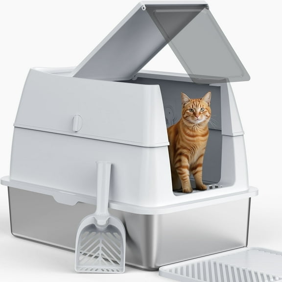 XL Extra Large Stainless Steel Litter Box with Lid, Metal Cat Litter Boxes for Big Cats Enclosed, Metal Litter Box with Litter Scoop Set, Non-Sticky, Anti-Urine Leakage, 24"*16"*18", Silver Gary