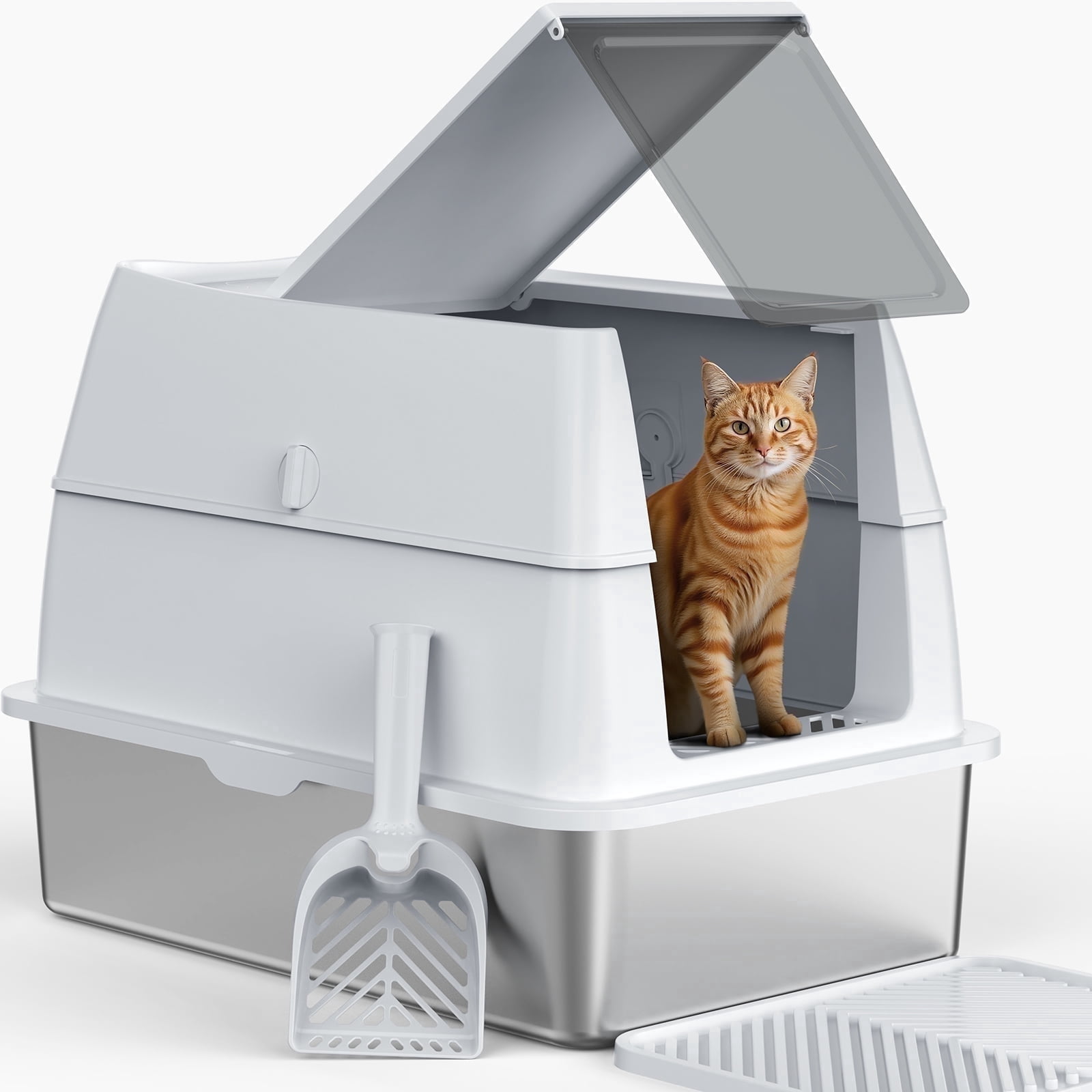 XL Extra Large Stainless Steel Litter Box with Lid, Metal Cat Litter Boxes for Big Cats Enclosed, Metal Litter Box with Litter Scoop Set, Non-Sticky, Anti-Urine Leakage, 24"*16"*18", Silver Gary