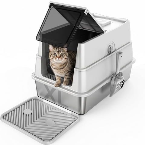XL Extra Large Stainless Steel Litter Box with Lid, Metal Cat Litter Boxes for Big Cats Enclosed, Metal Litter Box with Litter Scoop Set, Non-Sticky, Anti-Urine Leakage, 24"*16"*18", Silver Gary