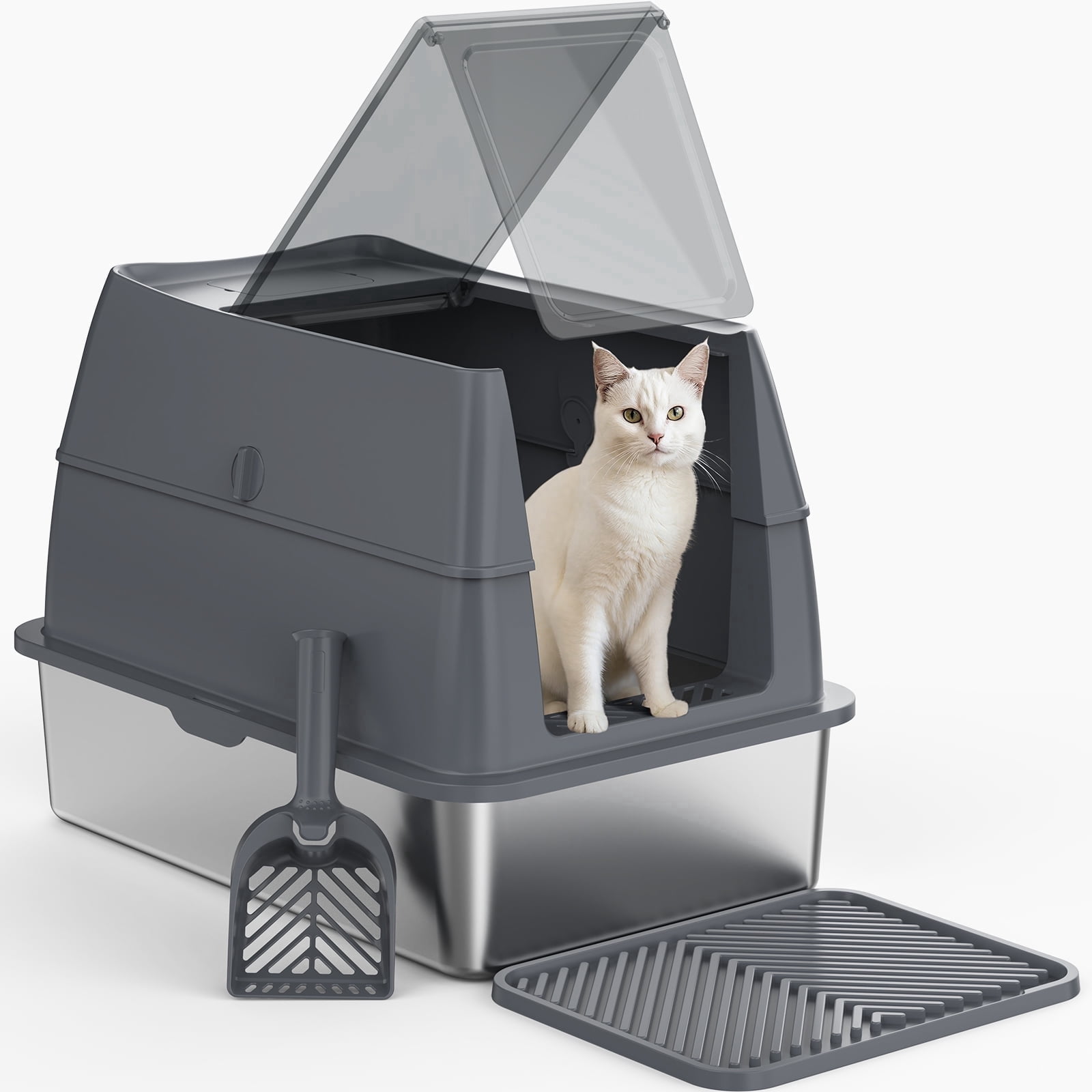 XL Extra Large Stainless Steel Litter Box with Lid, Metal Cat Litter Boxes for Big Cats Enclosed, Metal Litter Box with Litter Scoop Set, Non-Sticky, Anti-Urine Leakage, Dark Gray