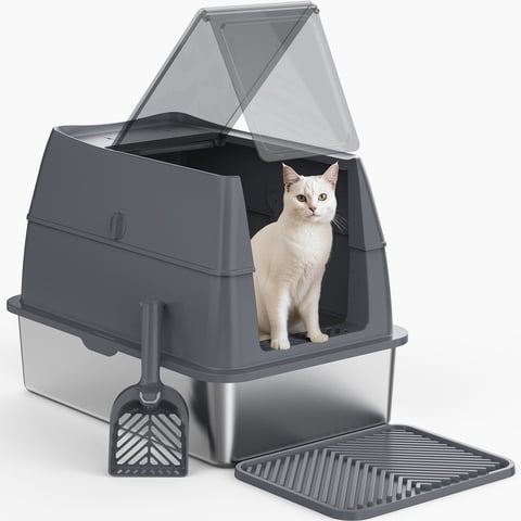 XL Extra Large Stainless Steel Litter Box with Lid, Metal Cat Litter Boxes for Big Cats Enclosed, Metal Litter Box with Litter Scoop Set, Non-Sticky, Anti-Urine Leakage, Dark Gray