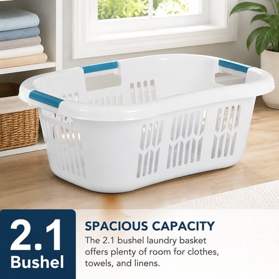 XL Hip-Hugger Laundry Basket 2.1 Bushel White Plastic Laundry Storage Bin for Bathroom Bedroom Home Closet