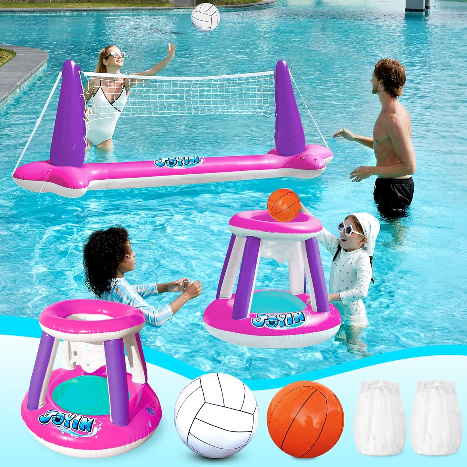 XL Inflatable Pool Float Set, '' Volleyball Net & Basketball Hoops ...