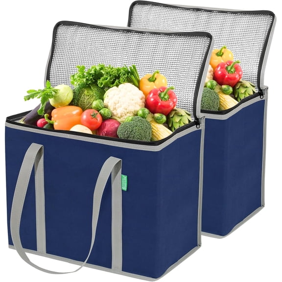 XL Insulated Grocery Bags (2-Pack) - Cooler Bags with Hard Bottom Insert, Stands Upright, Washable