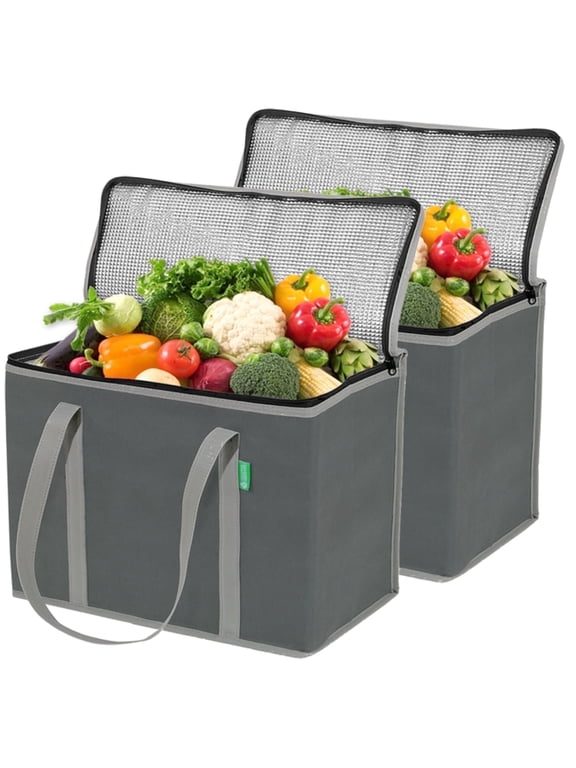 Insulated Reusable Grocery Bags, Gray, 2-Pack
