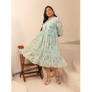 XL LOVE By Janasya Indian Women's Plus Size Aqua Georgette Floral Fit & Flare Dress