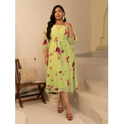 XL LOVE By Janasya Indian Women's Plus Size Light Green Dobby Georgette Tie-Dye A-Line Dress