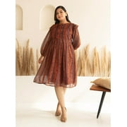 XL LOVE By Janasya Indian Women's Plus Size Rust Chiffon Lurex Floral Printed Flared Dress