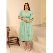 XL LOVE By Janasya Indian Women's Plus Size Sea Green Dobby Georgette Tie-Dye Fit & Flare Dress