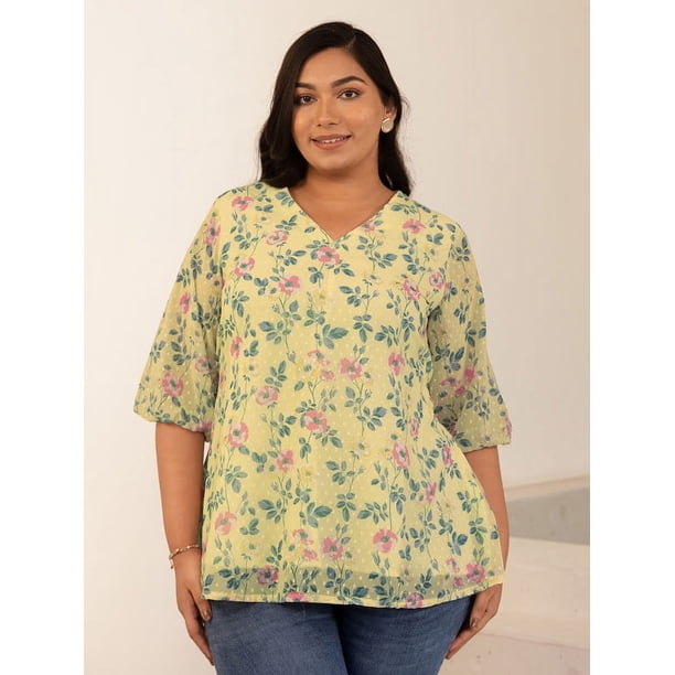 XL LOVE By Janasya Indian Women's Plus Size Yellow Dobby Georgette