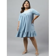 XL LOVE By Janasya Women's Light Blue Denim Yoke Embroidered Plus Size Flared Dresses