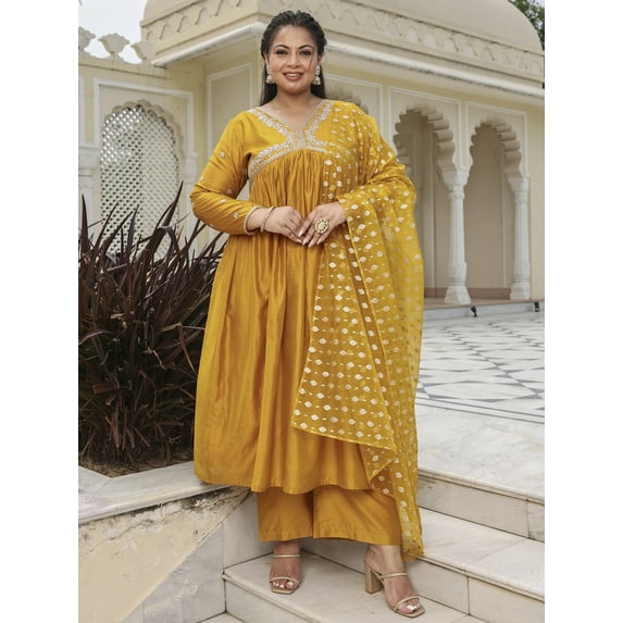 XL LOVE By Janasya Women's Mustard Chanderi Emabellished Dress with Palazzo and Scarf
