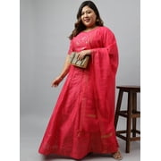 XL LOVE By Janasya Women's Pink Poly Silk Gold Print Lehenga Choli With Scarf
