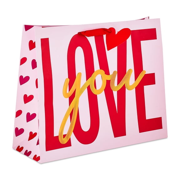 Extra Large Love You Gift Bag, Pink, Red, and Gold, 15" x 6" x 12", Valentine's Day by Way To Celebrate