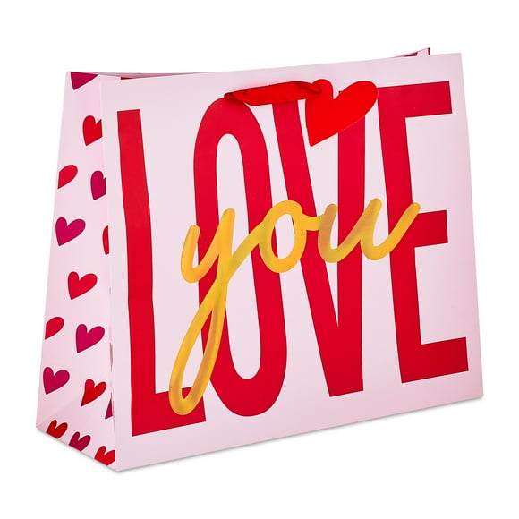 Extra Large Love You Gift Bag, Pink, Red, and Gold, 15" x 6" x 12", Valentine's Day by Way To Celebrate
