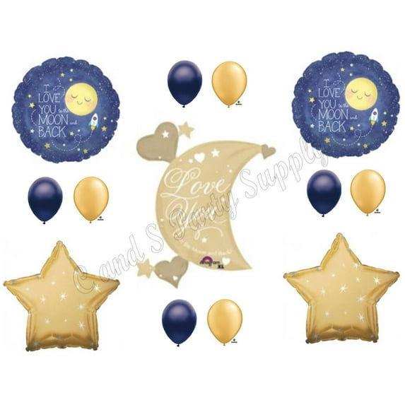 XL LOVE YOU TO MOON AND BACK Navy Gold Birthday Baby Shower Balloons Decorations