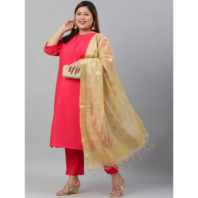 Janasya Women's Pink Chanderi Silk Kurta Set - Floral Print Festive Outfit With Dupatta