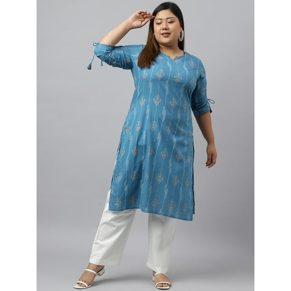 XL LOVE by Janasya Women's Plus Size Blue Cotton Ethnic Motifs Straight kurta