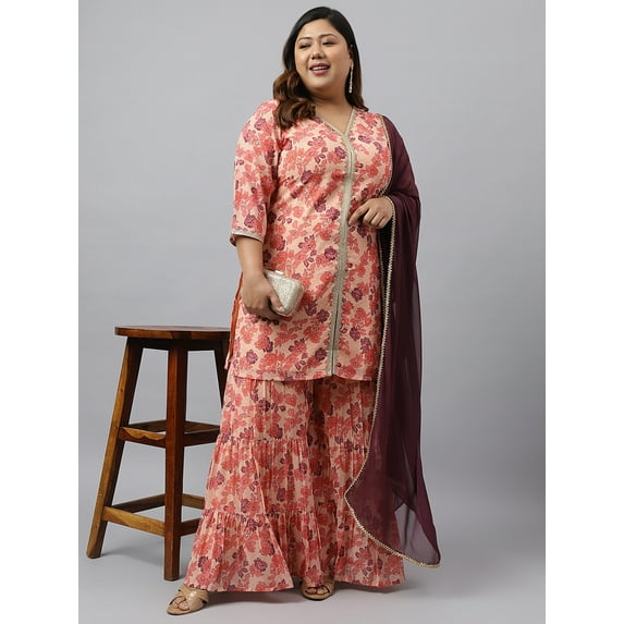 XL LOVE by Janasya Women's Plus Size Peach Georgette Digital Floral Printed Straight Kurta With Sharara and Dupatta
