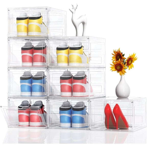XL Large 8 Pack Shoe Storage Organizer Clear Plastic Boxes Stackable Thicken Material Easy to Assemble Fit Sneaker Storage Size 12 13 14,Plastic Shoe Storage Organizer for Closet with Lids and Door