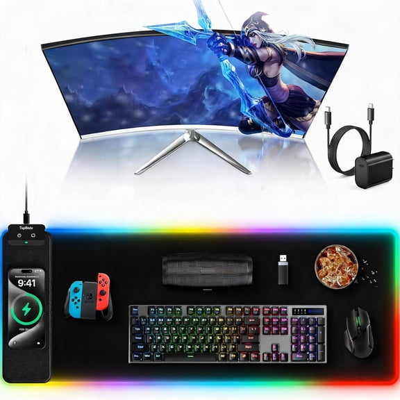 XL Large Desk Mat with Wireless Charging and RGB Lighting 31.5" x 11.81"