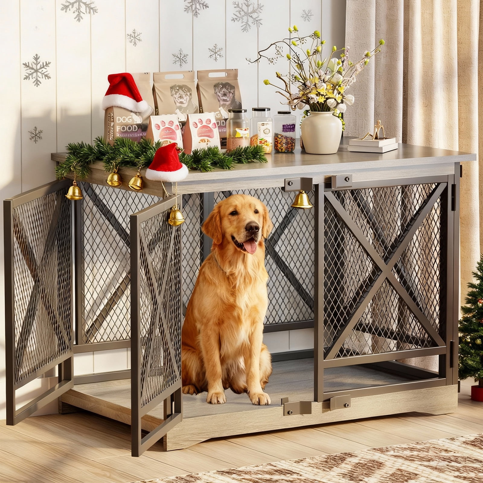 48 inch Extra Large Dog Crate Furniture,Double Door Indoor Kennel,End Side Table Wooden Dog Crates,Anti-Chew Anti-Escape, Gray