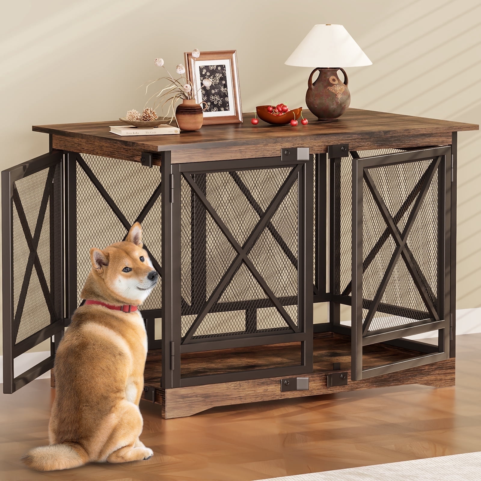 Image showcasing 48 inch Extra Large Dog Crate Furniture,Double Door Indoor Kennel,End ...