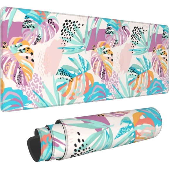 XL Large Gaming Mouse Pad, Abstract Tropical Leaves Full Desk Mousepad with Stitched, Long Non-Slip Base Keyboard Pad, PC Laptop Computer Mat Gifts for Women Office Decor, (Colorful, 31.5 * 11.8 in)