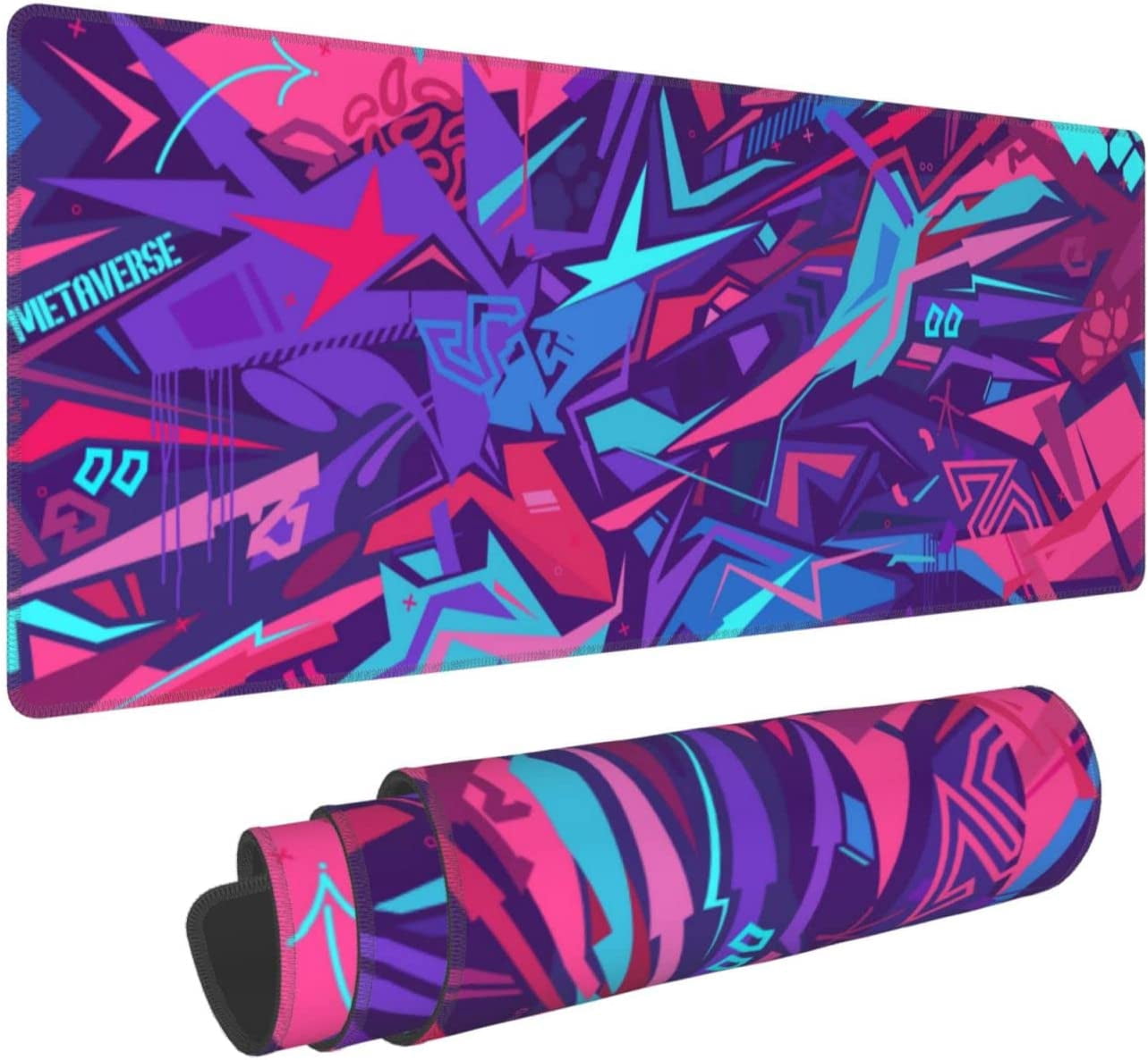 XL Large Gaming Mouse Pad with Stitched Edges, Metaverse Cyber Graffiti Extended Mousepad with Non-Slip, Long Waterproof Keyboard Pad Mouse Mat for Computer Laptop for Gamer Office Decor, 31.5*11.8 In